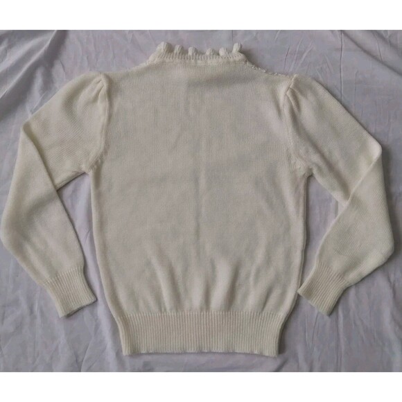 Vintage Cottagecore Knit Pointelle Sweater Ruffle Neckline Ivory Womens Medium - Picture 5 of 6